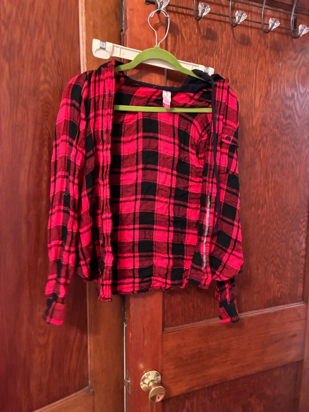 No Boundaries Red and Black Plaid Hooded Flannel Jacket